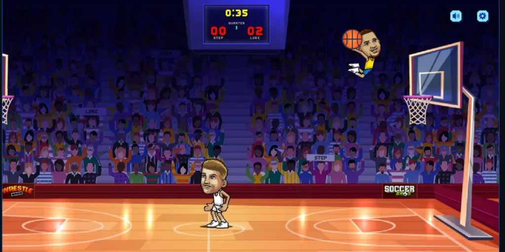Basket Bros player performing spectacular dunk shot during basketball game match