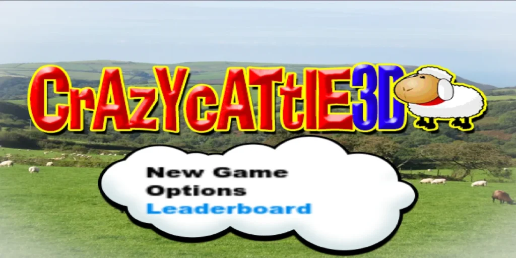 Crazy Cattle 3D main menu with new game, options, and leaderboard buttons over a green pasture background.