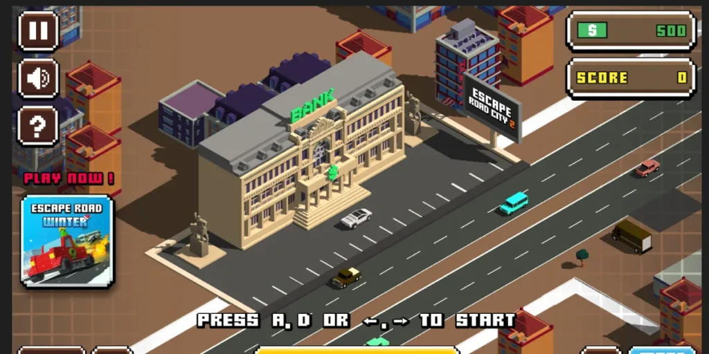Escape Road City 2 bank heist scene in low-poly city graphics