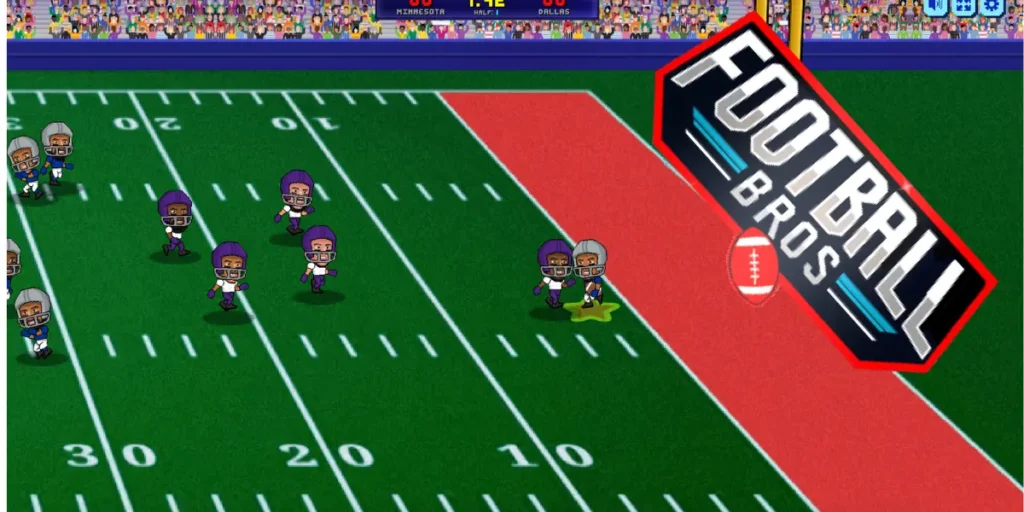 Football Bros gameplay showing Minnesota team tackling near the end zone