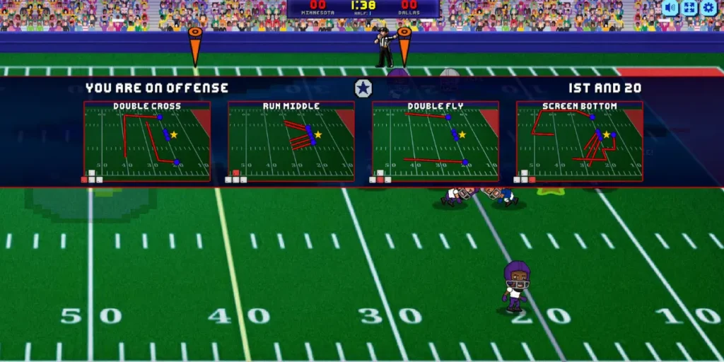 Offensive play selection screen in Football Bros showing four tactical options