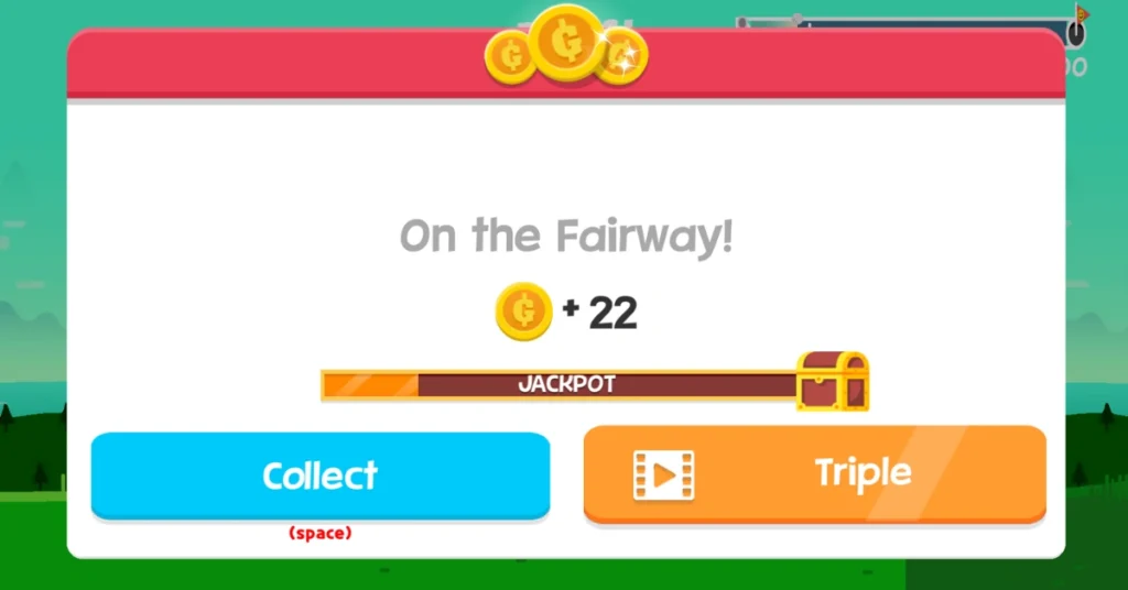 Golf Orbit reward screen showing +22 coins on fairway