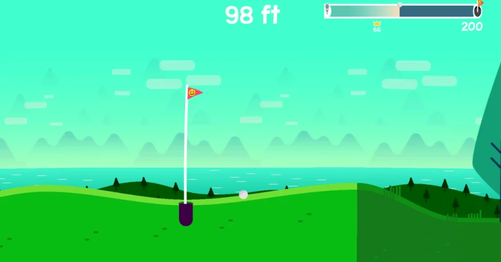Golf Orbit screenshot with ball rolling near the hole flag at 98 ft
