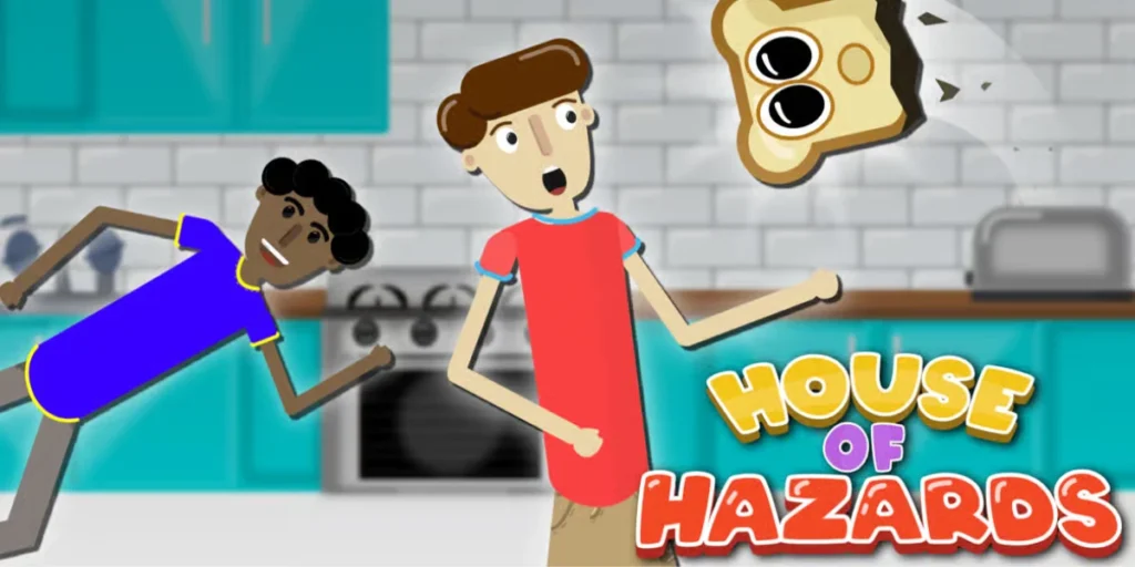 House of Hazards characters dodging flying toast in the kitchen