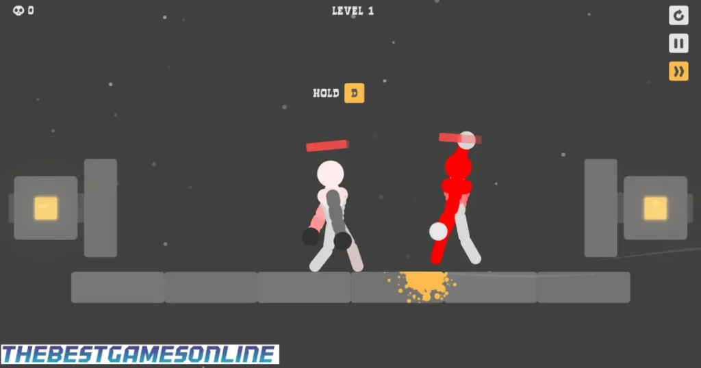 Stickman characters fighting in Ragdoll Hit Unblocked Level 1 with ragdoll physics and D key control instructions displayed.