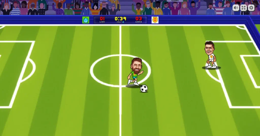 Gameplay screenshot of Soccer Bros showing a 1v1 pixel soccer match between two cartoon players on a green field with a visible scoreboard.