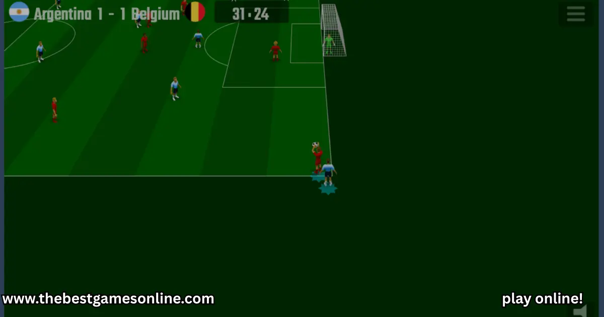 Soccer Skills - Cup of World gameplay showing Argentina vs Belgium with a throw-in near the goal