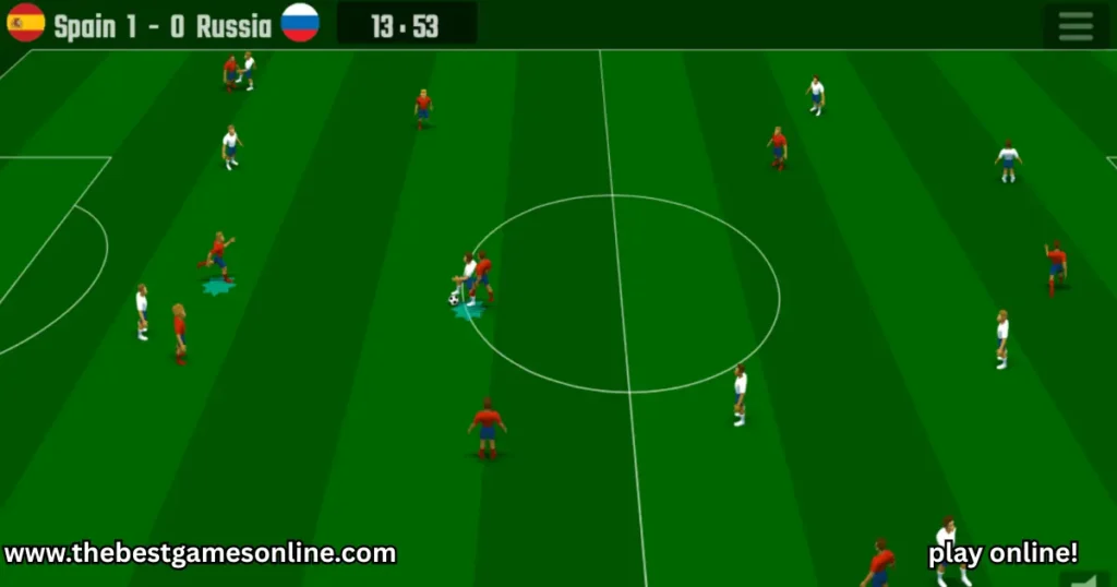 Spain vs Russia match in Soccer Skills Euro Cup, top-down view of 3D gameplay on a virtual soccer field