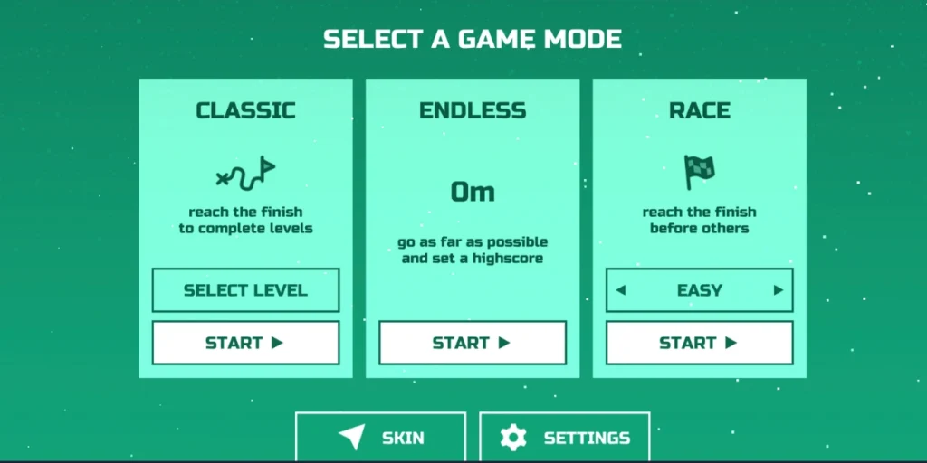 Space Waves menu showing Classic, Endless, and Race game modes