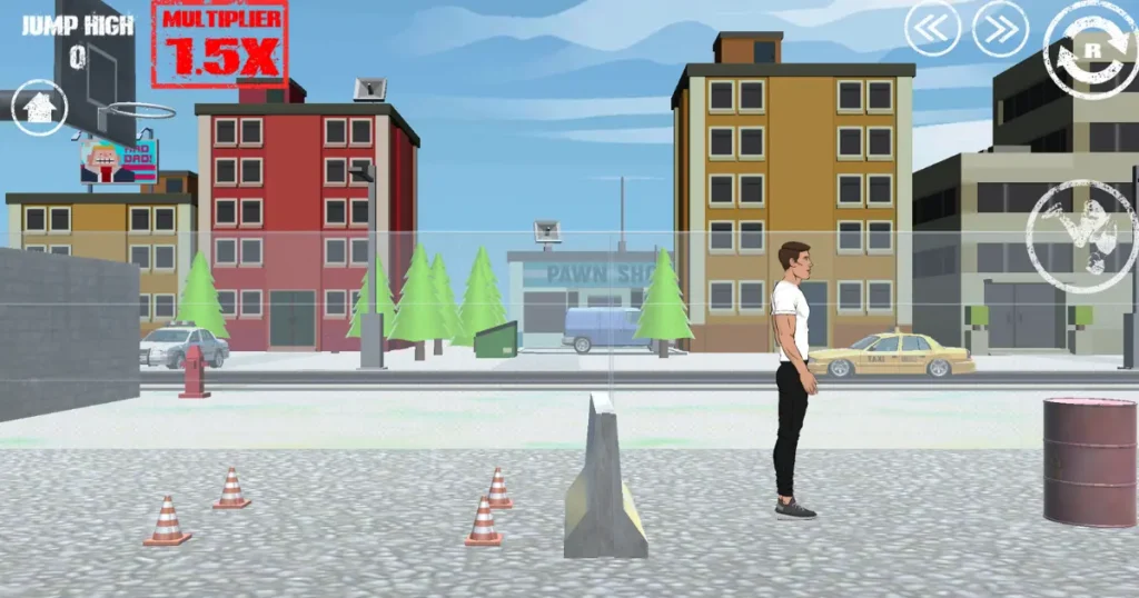 Wacky Flip game screenshot of a player standing in a city stunt area with ramp, cones, and barrel, ready to perform flips and tricks.
