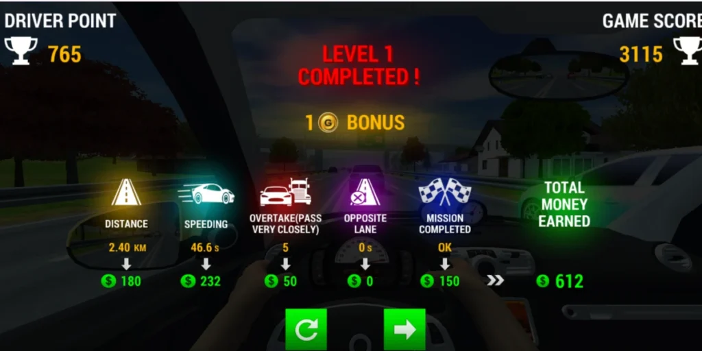 Traffic Jam 3D level completed screen with scores and rewards