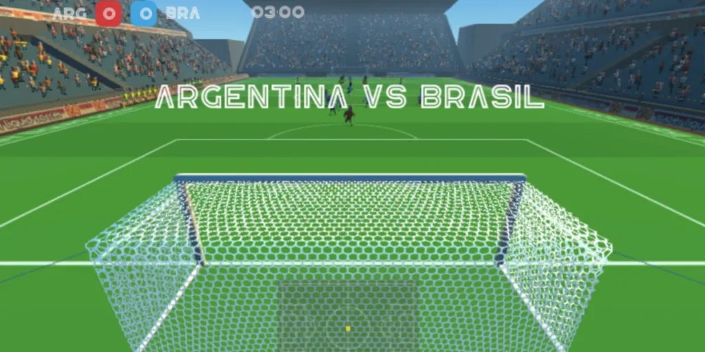 Soccer stadium view in Super Liquid Soccer showing Argentina vs Brazil before kickoff