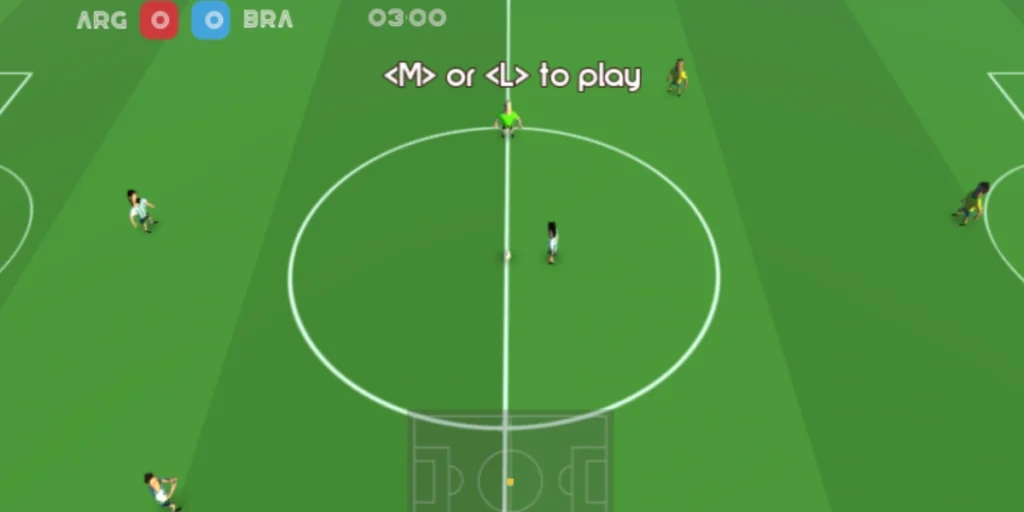 Top-down gameplay view of Super Liquid Soccer at midfield kickoff