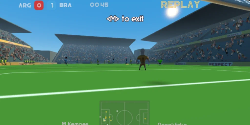 Low-angle replay view in Super Liquid Soccer showing Brazil players after scoring