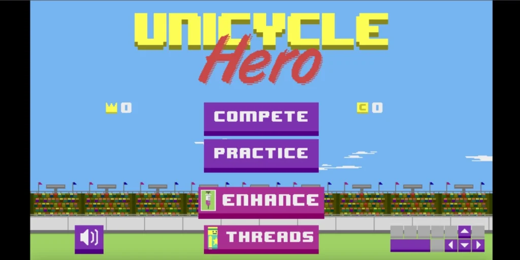  Unicycle Hero game main menu with Compete, Practice, Enhance options