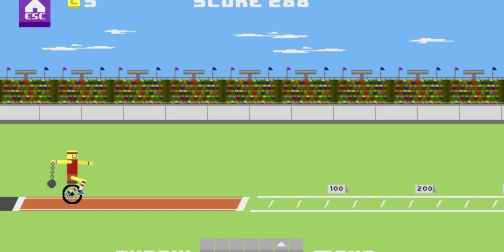 Unicycle Hero player mid-throw during hammer toss event in pixel stadium