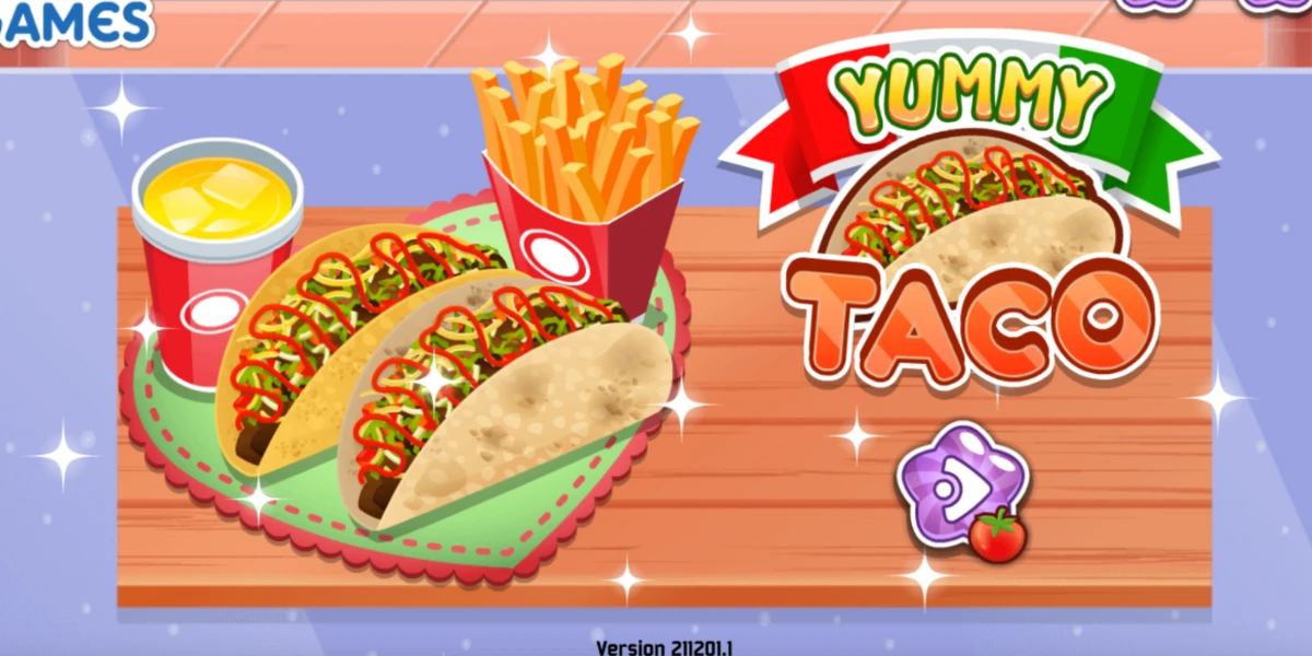Yummy Taco game menu with tacos, fries, and a soda